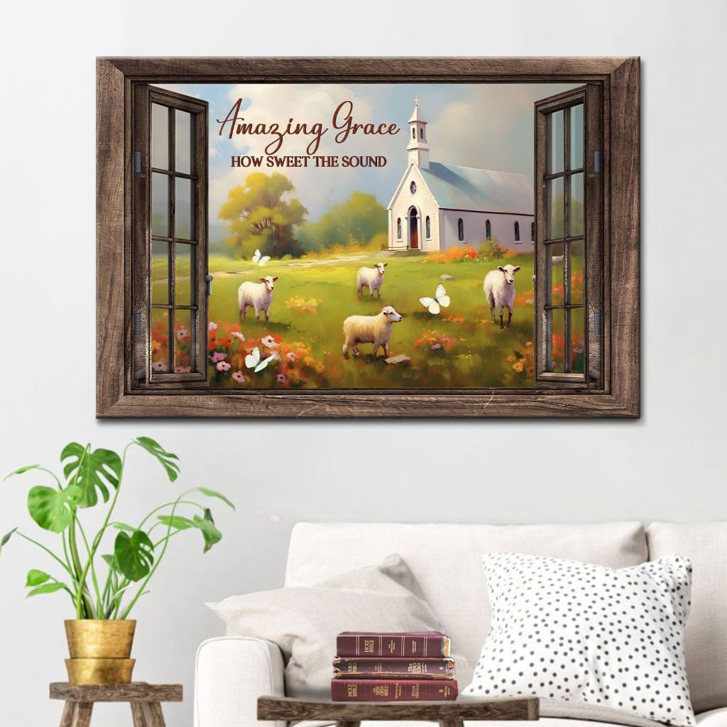 Christian Wall Art - Amazing Grace How Sweet the Sound Canvas, Sheep, Church in Field