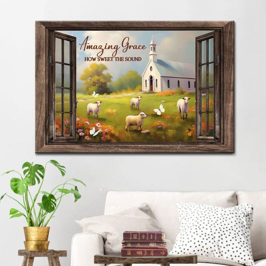Christian Wall Art - Amazing Grace How Sweet the Sound Canvas, Sheep, Church in Field