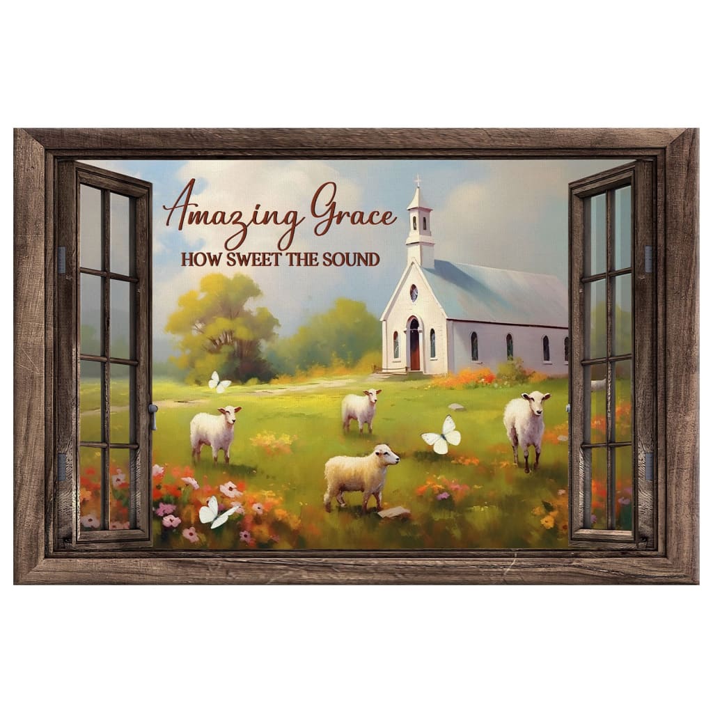 Christian Wall Art - Amazing Grace How Sweet the Sound Canvas, Sheep, Church in Field
