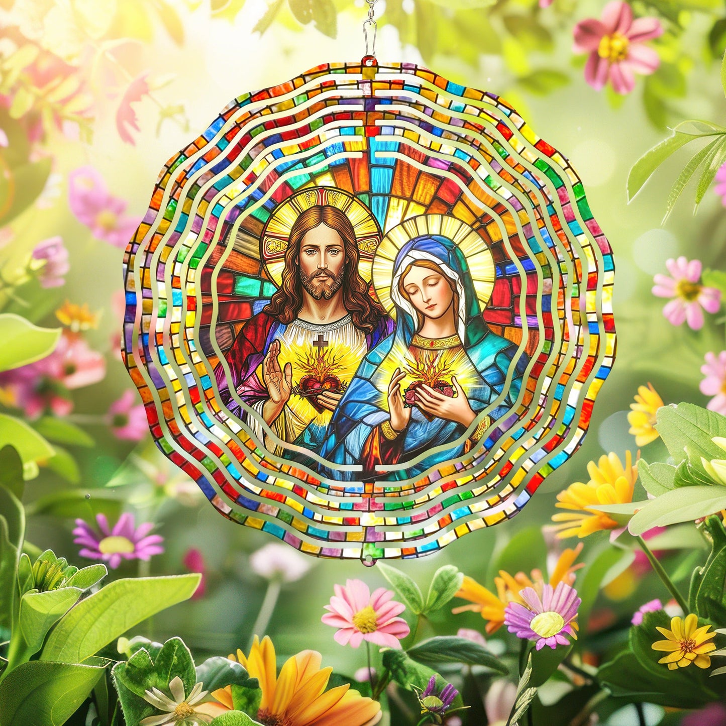 Sacred Heart of Jesus &amp; Immaculate Heart of Mary Wind Spinner 3-Day Shipping