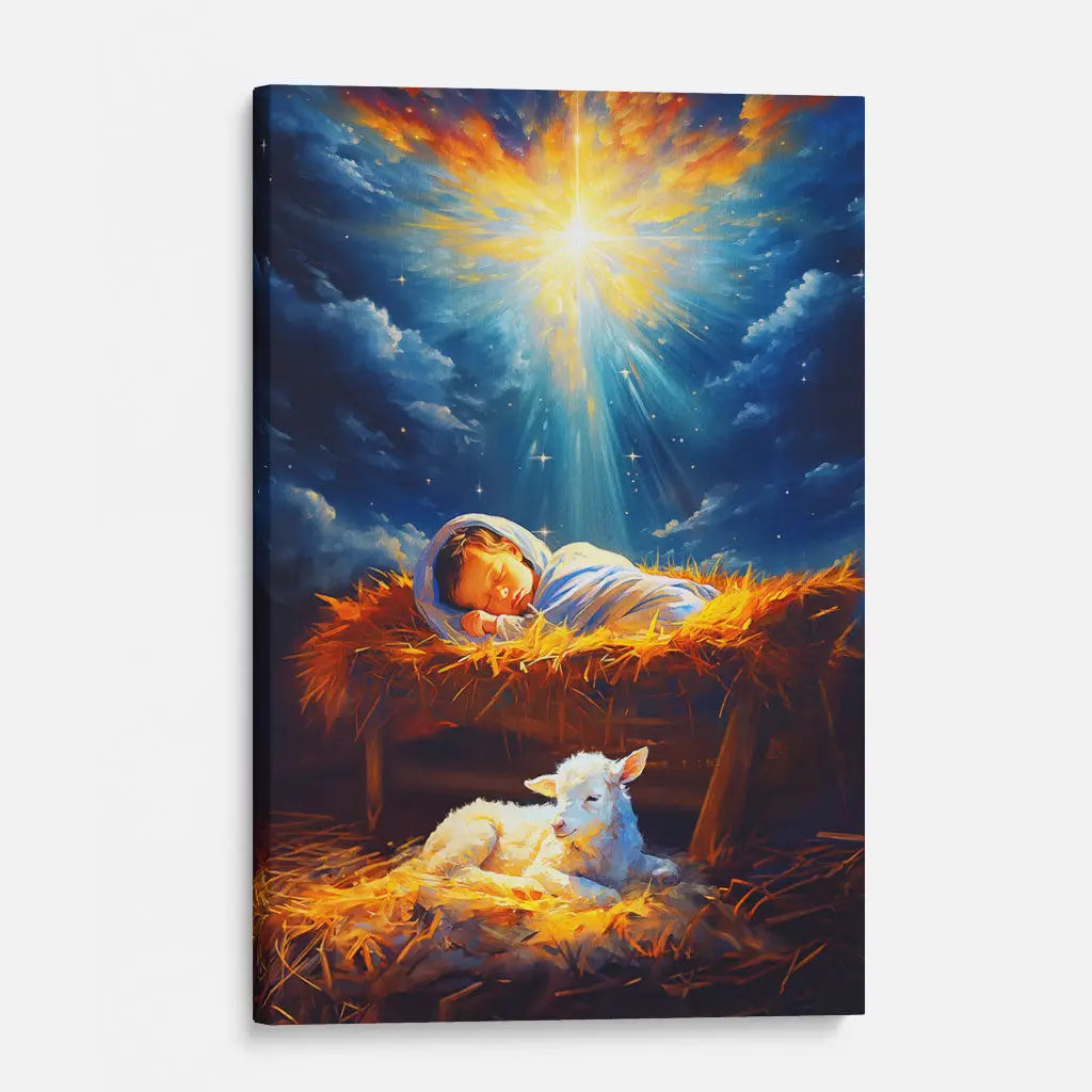 Baby Jesus With A Lamb, Baby Jesus In The Manger, Wall Art Canvas
