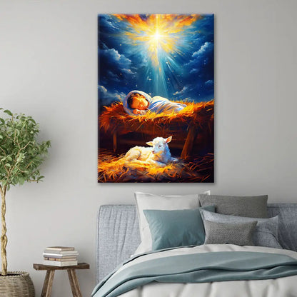 Baby Jesus With A Lamb, Baby Jesus In The Manger, Wall Art Canvas
