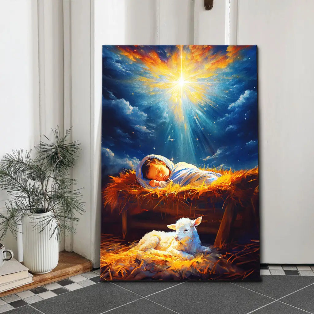 Baby Jesus With A Lamb, Baby Jesus In The Manger, Wall Art Canvas
