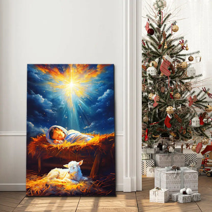 Baby Jesus With A Lamb, Baby Jesus In The Manger, Wall Art Canvas