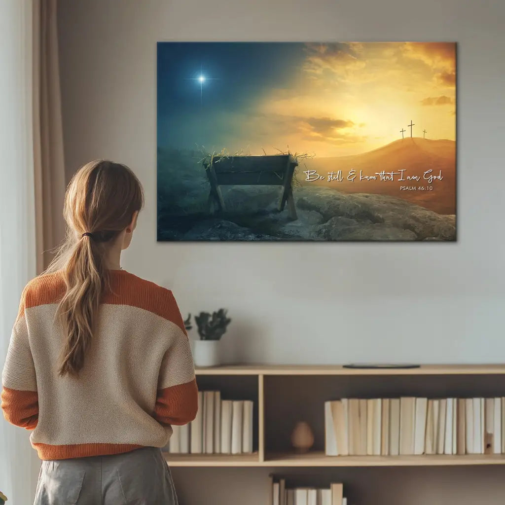 Christian Wall Art Canvas – Be Still and Know Psalm 46:10 Manger Cross Star