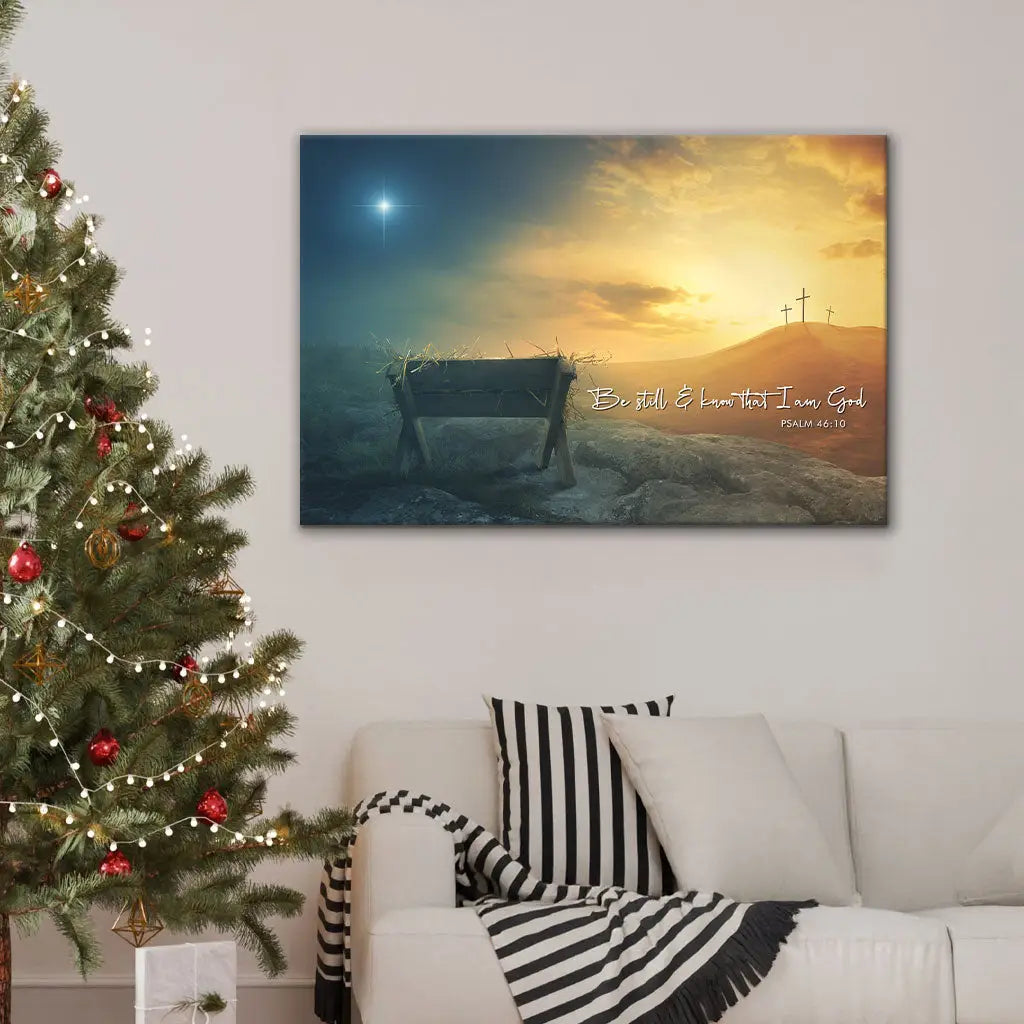Christian Wall Art Canvas – Be Still and Know Psalm 46:10 Manger Cross Star