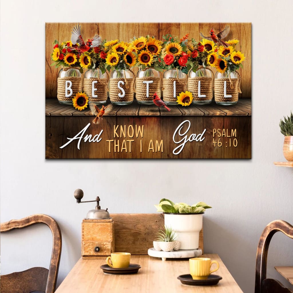 Be Still and Know That I Am God Psalm 46:10, Mason Jar Flowers, Wall Art Canvas