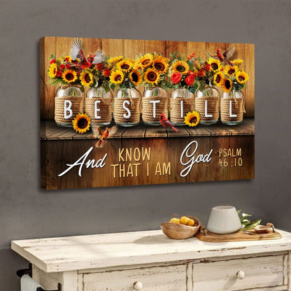 Be Still and Know That I Am God Psalm 46:10, Mason Jar Flowers, Wall Art Canvas