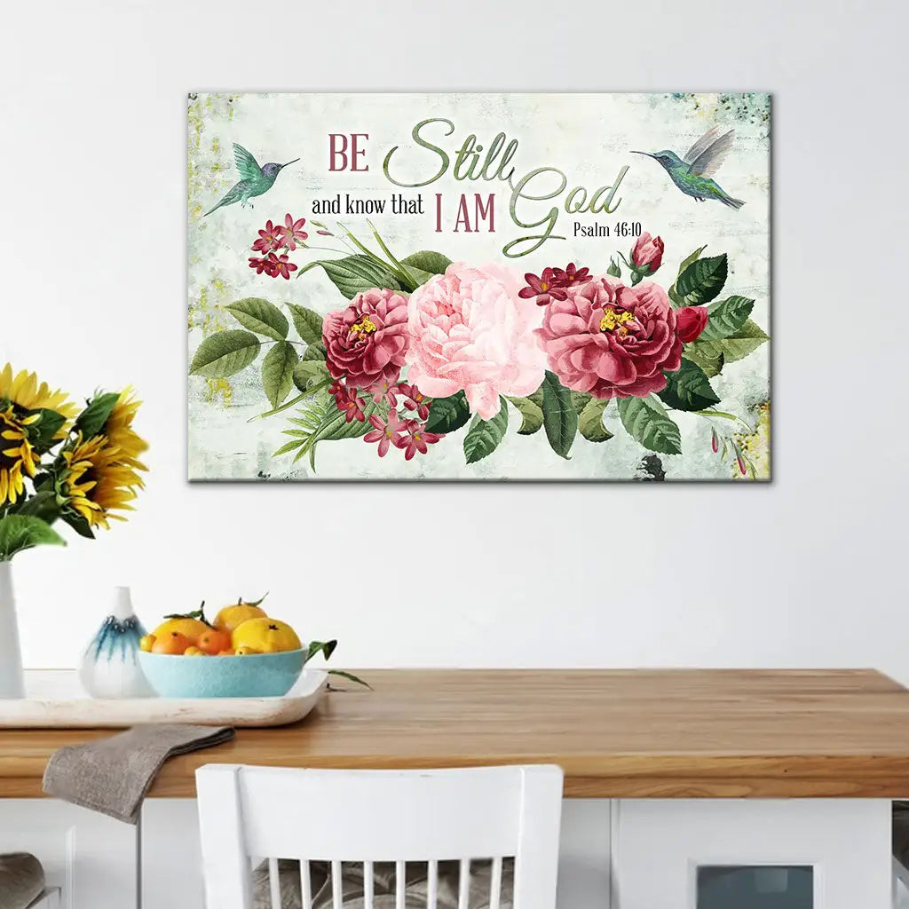 Be Still and Know That I Am God, Vintage Flower Hummingbird, Wall art canvas
