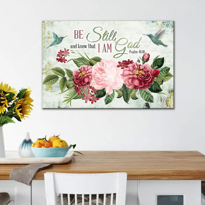 Be Still and Know That I Am God, Vintage Flower Hummingbird, Wall art canvas