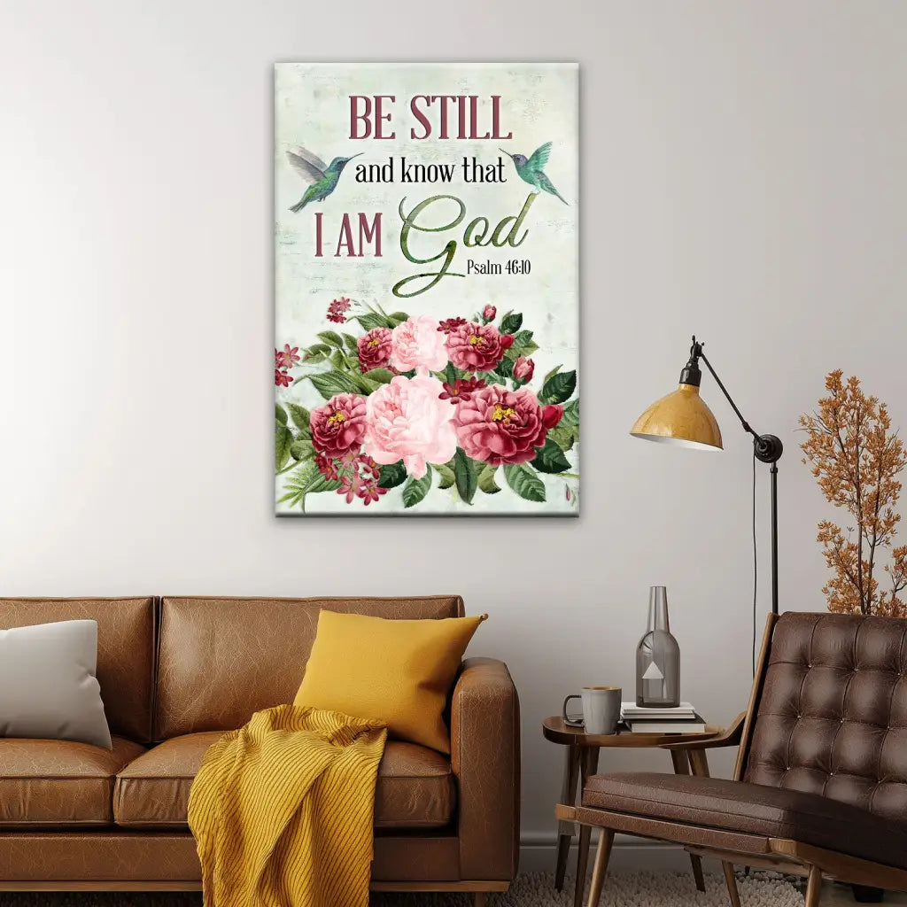Be Still and Know That I Am God, Vintage Flower Hummingbird, Wall art canvas