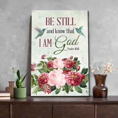 Be Still and Know That I Am God, Vintage Flower Hummingbird, Wall art canvas