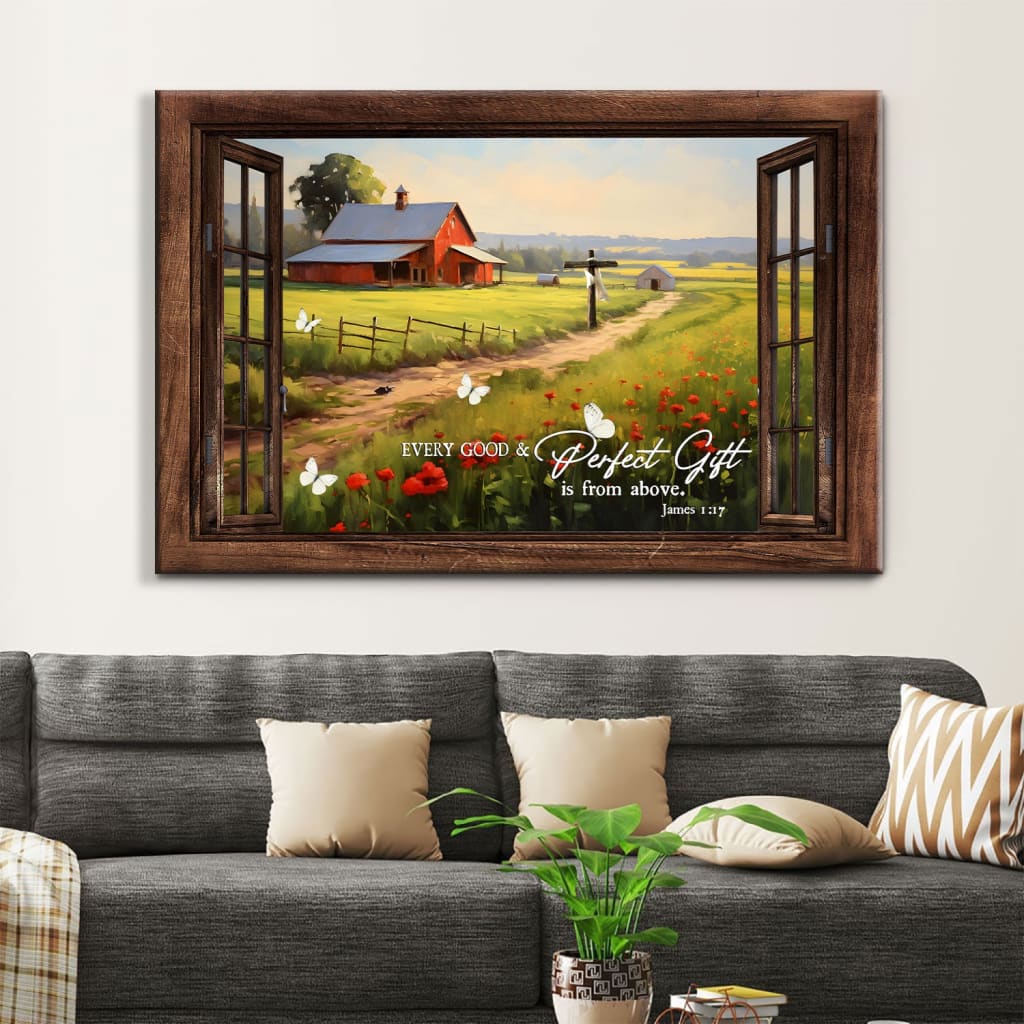 James 1:17 Every Good and Perfect Gift is From Above, Red Barn in Field, Wall Art Canvas