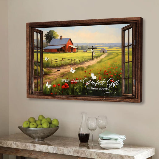 James 1:17 Every Good and Perfect Gift is From Above, Red Barn in Field, Wall Art Canvas