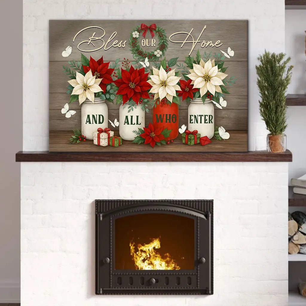 Bless Our Home And All Who Enter Wall Art Canvas, Christian Christmas Decoration