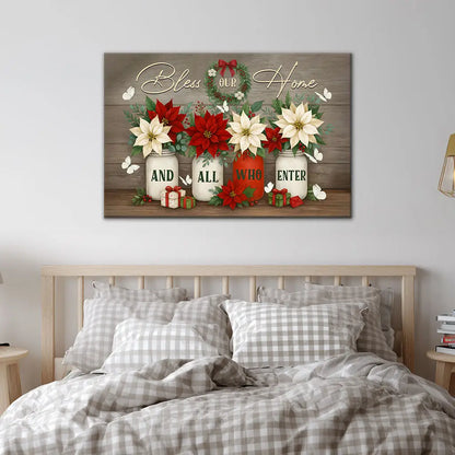 Bless Our Home And All Who Enter Wall Art Canvas, Christian Christmas Decoration