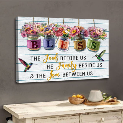 Bless the Food Before Us Canvas, Flowers Hanging in Jars, Christian Wall Art