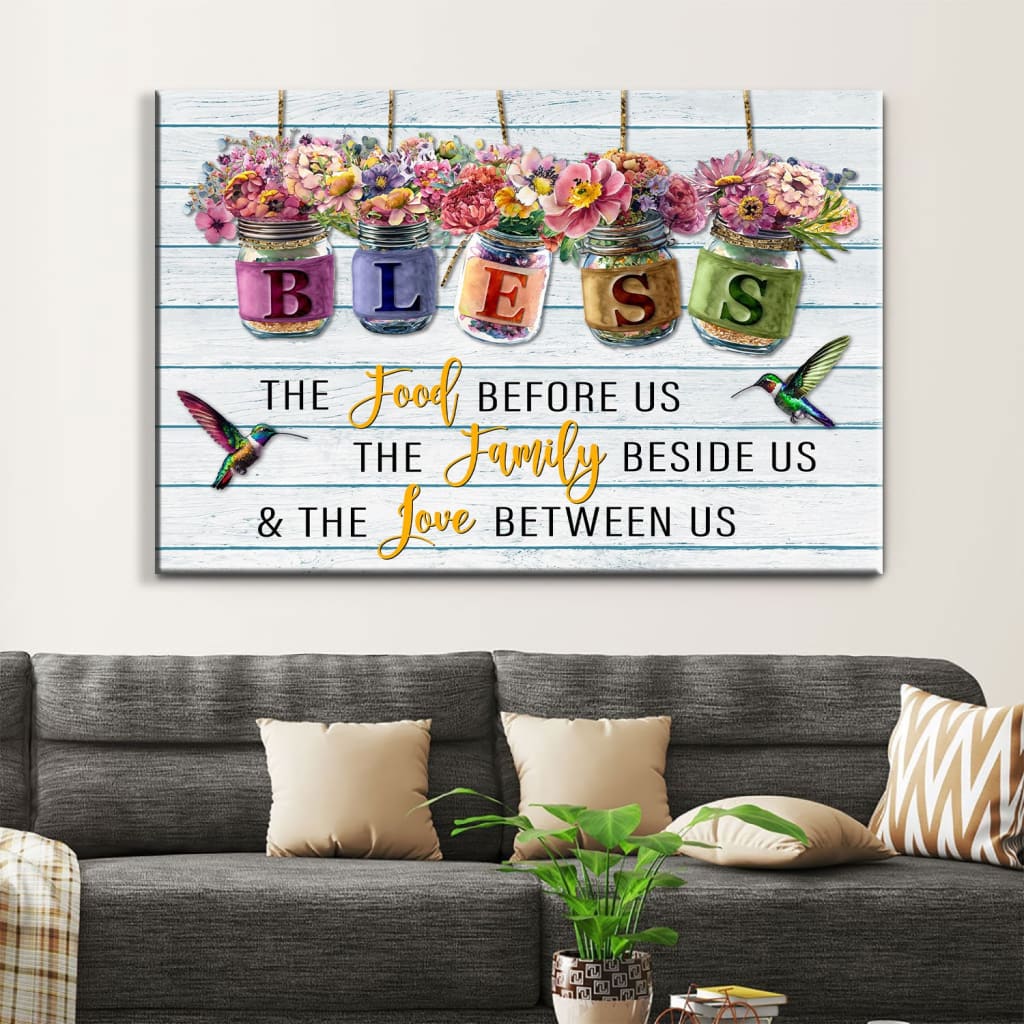 Bless the Food Before Us Canvas, Flowers Hanging in Jars, Christian Wall Art