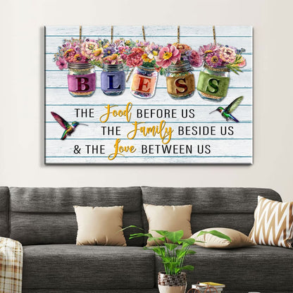 Bless the Food Before Us Canvas, Flowers Hanging in Jars, Christian Wall Art
