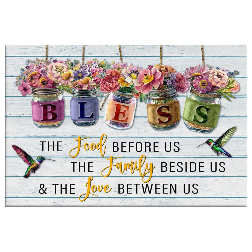 Bless the Food Before Us Canvas, Flowers Hanging in Jars, Christian Wall Art