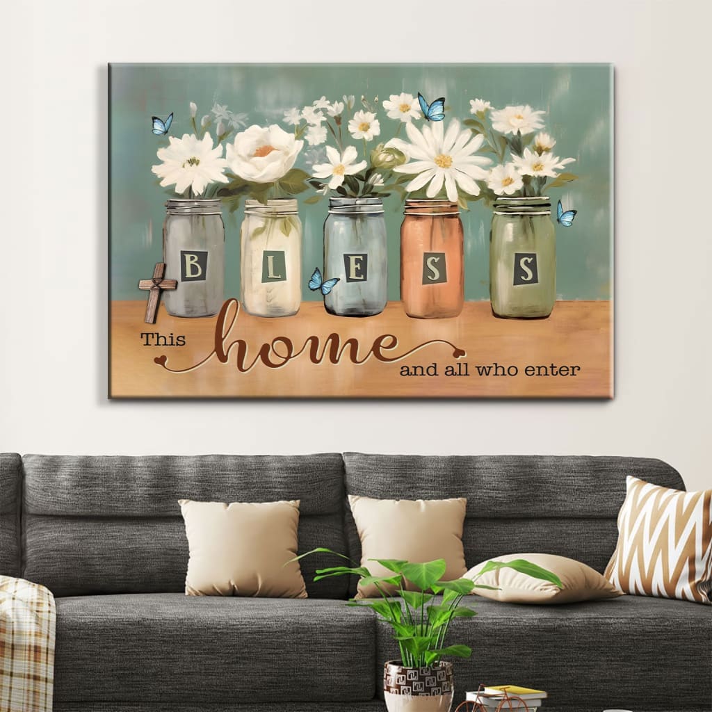 Bless This Home and All Who Enter, Floral Butterfly Mason Jar, Wall Art Canvas