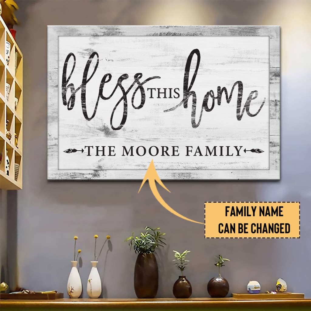 Personalized "Bless This Home" Christian Wall Art Canvas with Family Name