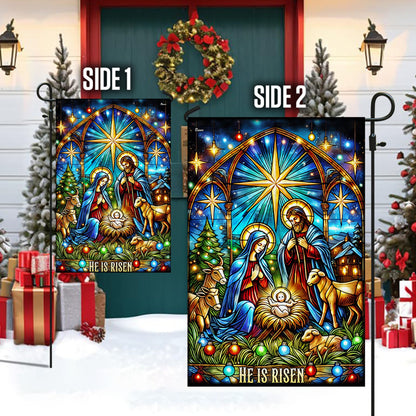 Nativity of Jesus Stained Glass Christmas He Is Risen Flag