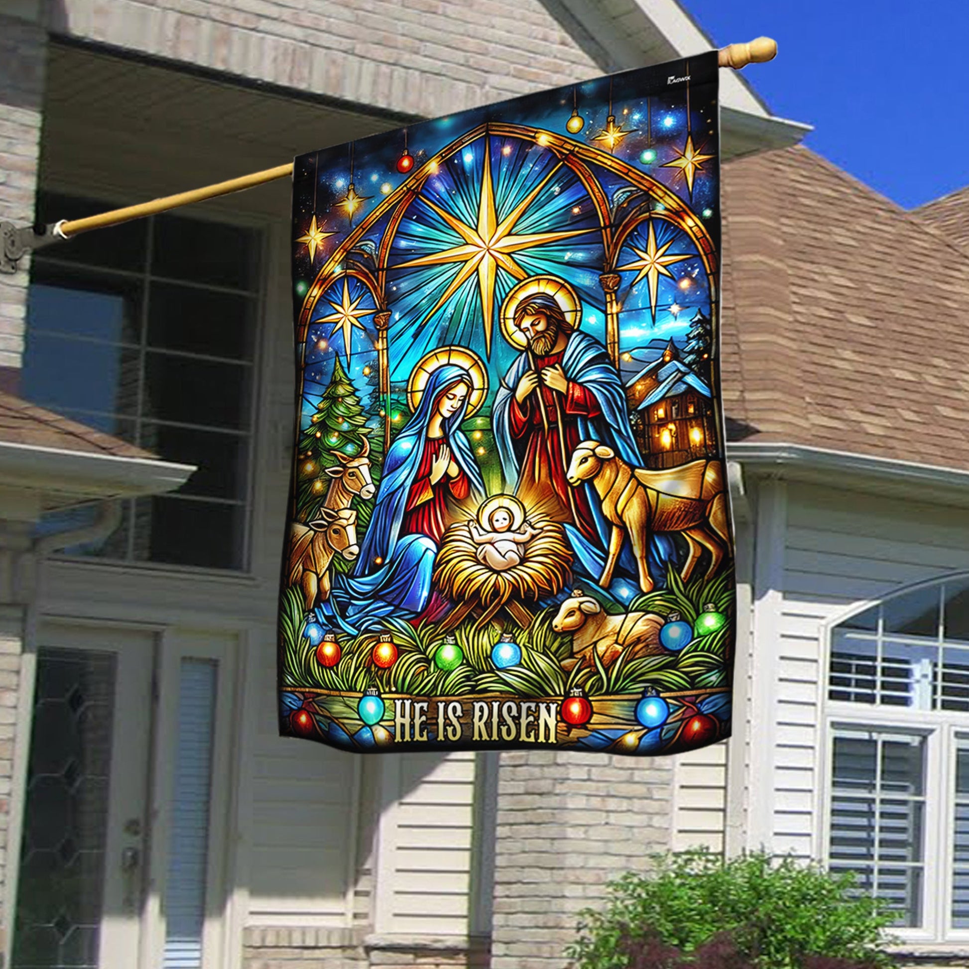 Nativity of Jesus Stained Glass Christmas He Is Risen Flag