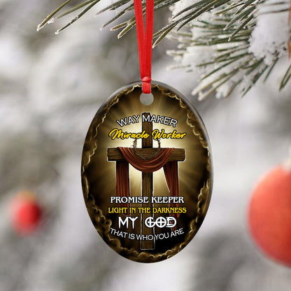 Christmas Ornament, Jesus Wooden Cross, Way Maker Miracle Worker Ceramic Ornament