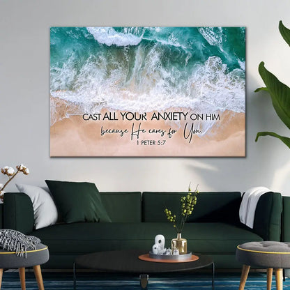 Cast All Your Anxiety on Him 1 Peter 5:7, Ocean Waves, Wall Art Canvas
