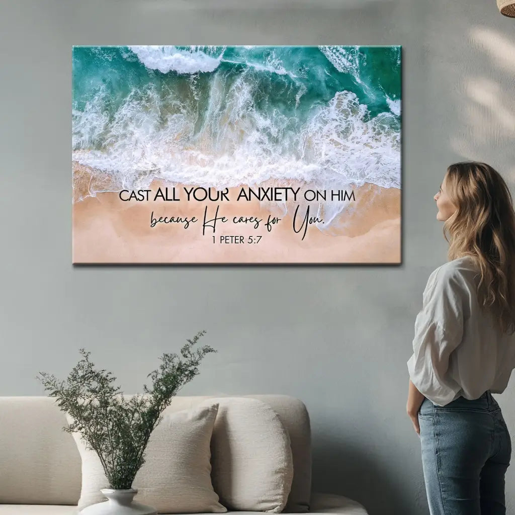 Cast All Your Anxiety on Him 1 Peter 5:7, Ocean Waves, Wall Art Canvas