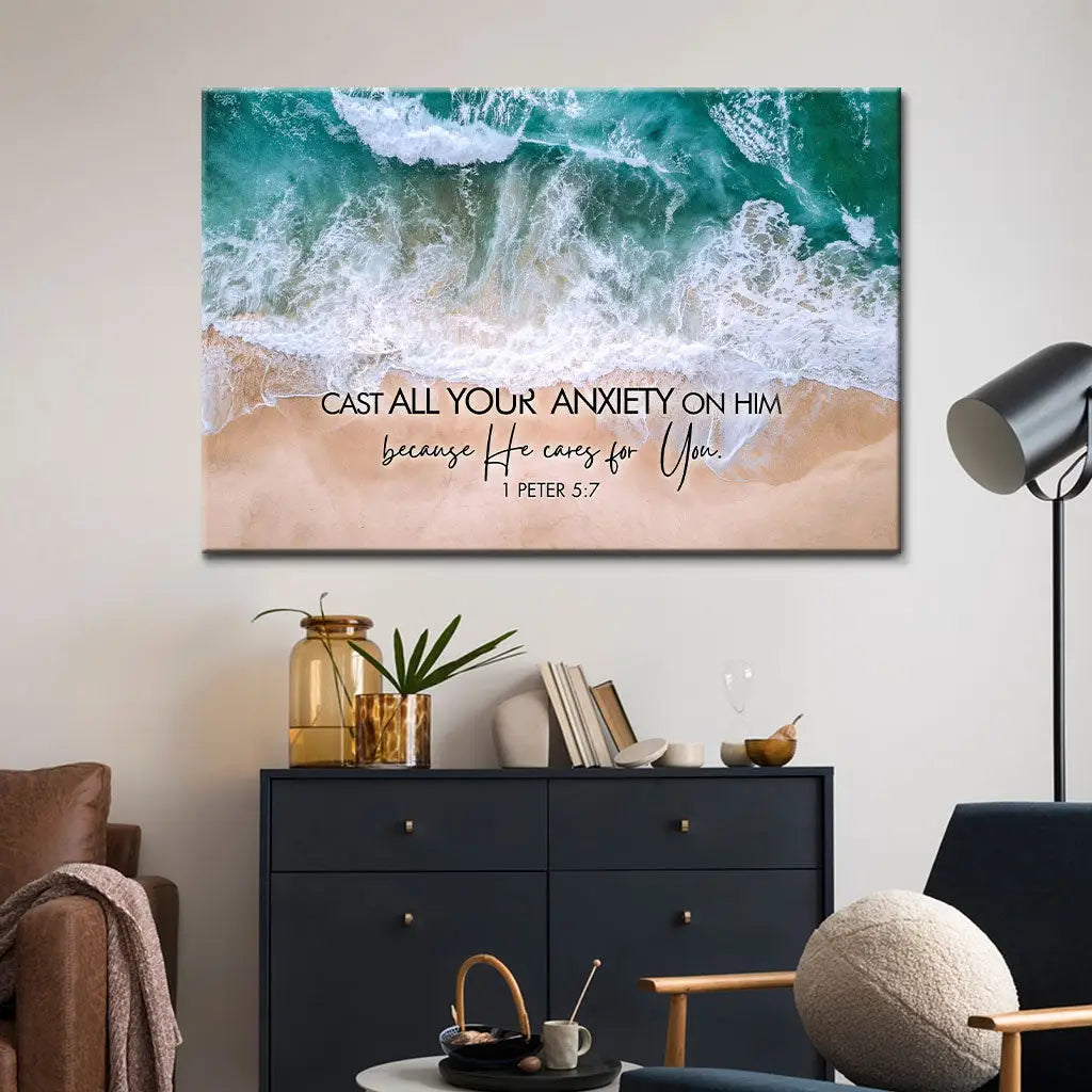 Cast All Your Anxiety on Him 1 Peter 5:7, Ocean Waves, Wall Art Canvas