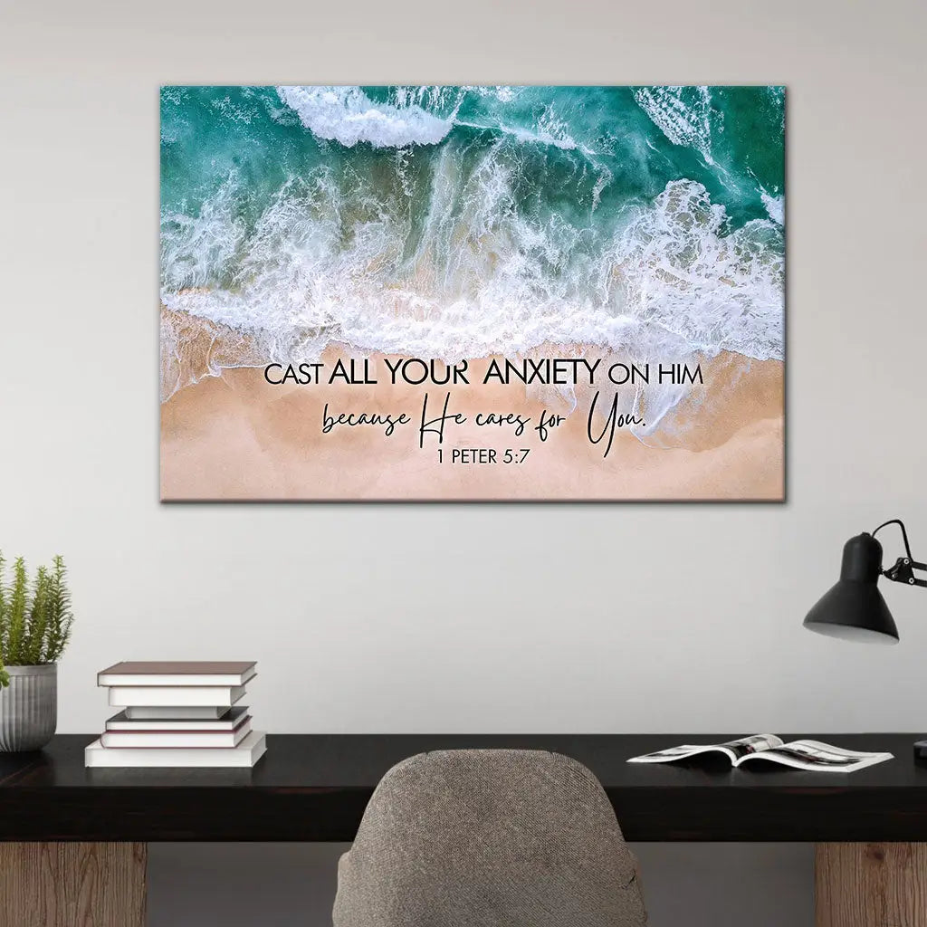 Cast All Your Anxiety on Him 1 Peter 5:7, Ocean Waves, Wall Art Canvas