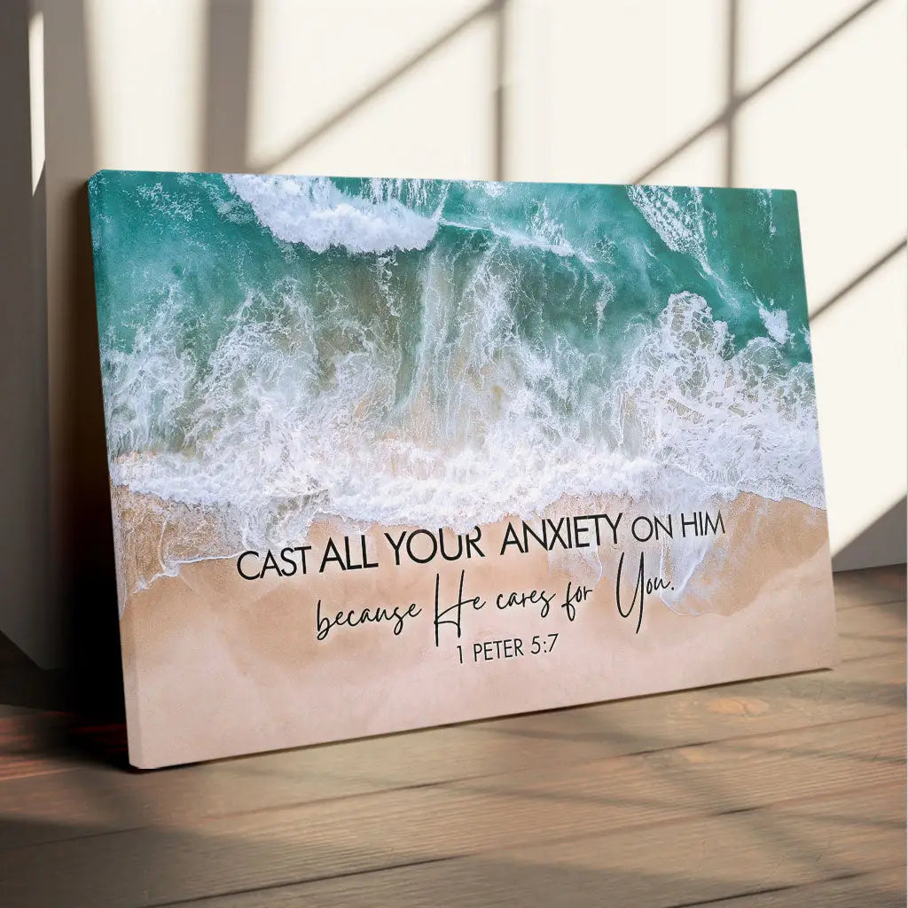Cast All Your Anxiety on Him 1 Peter 5:7, Ocean Waves, Wall Art Canvas
