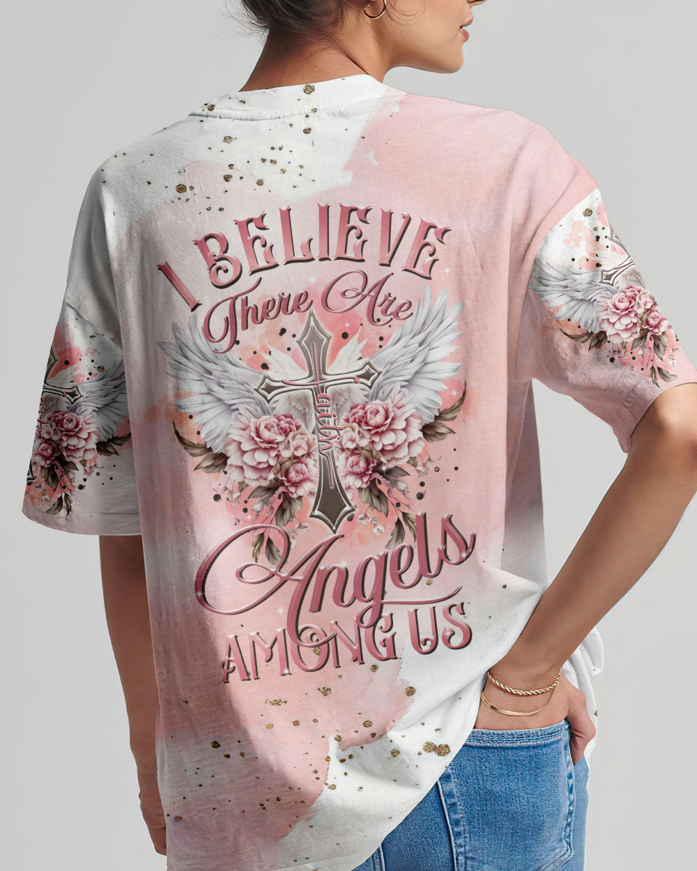 I Believe There Are Angels Among Us Floral Wings T-Shirt