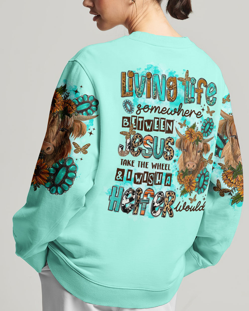 Living Life Somewhere Between Jesus Cow Women's All Over Print Sweatshirt