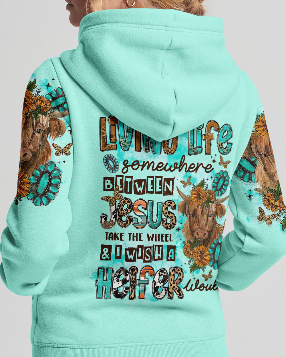 Living Life Somewhere Between Jesus Cow Women's All Over Print Hoodie