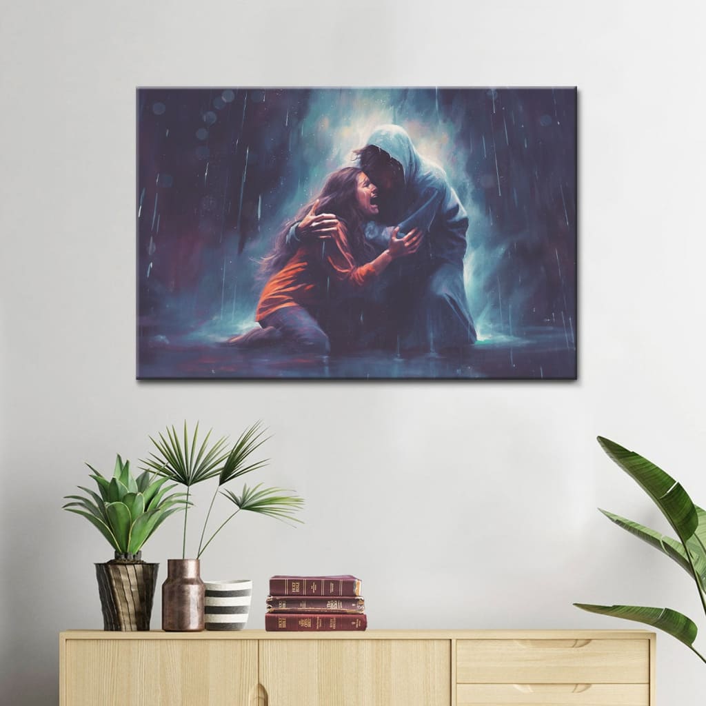Christian Art: Jesus Holds A Woman In The Storm Wall Art Canvas