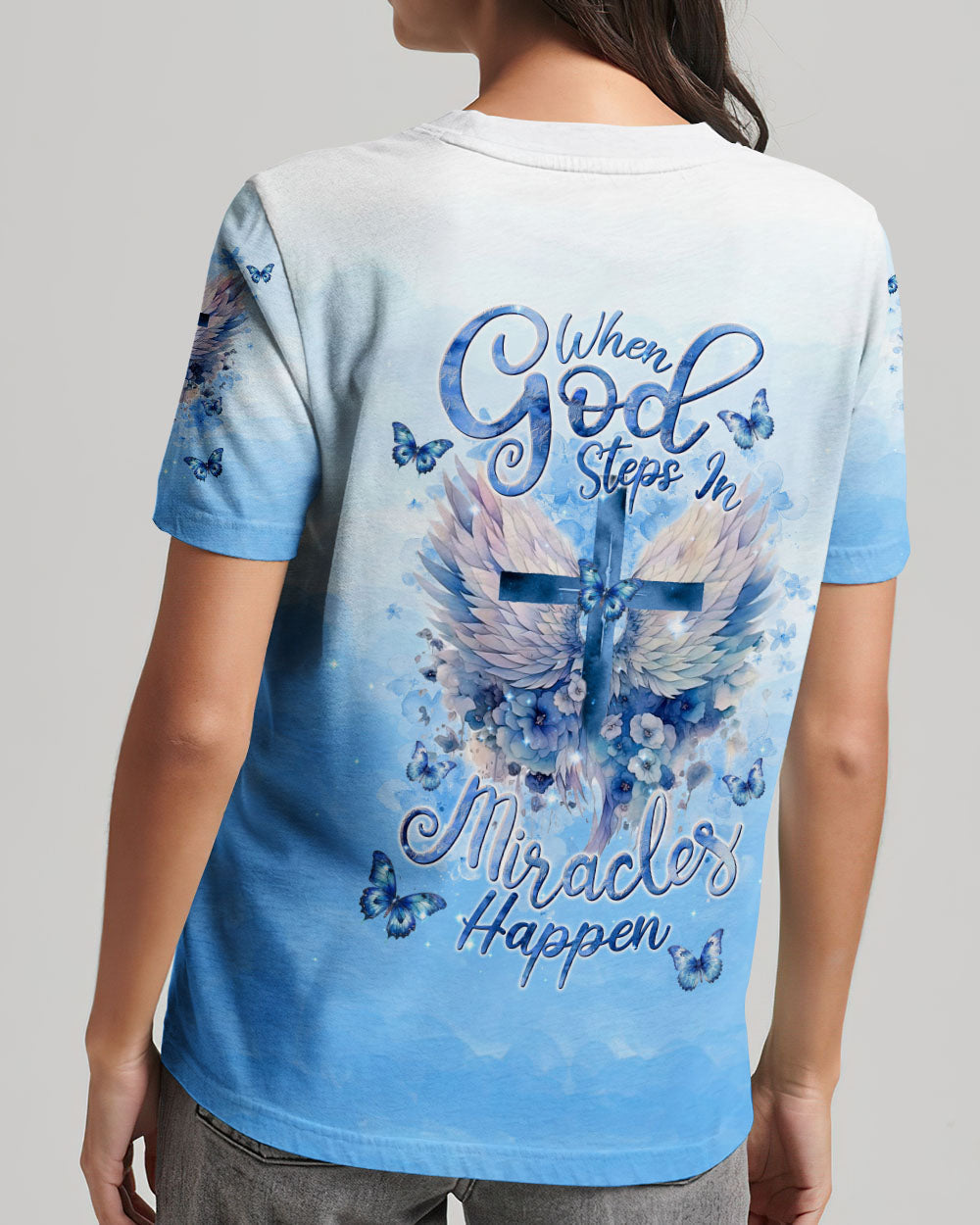 When God Steps In Miracles Happen Wings Women's All Over Print Tshirt 1