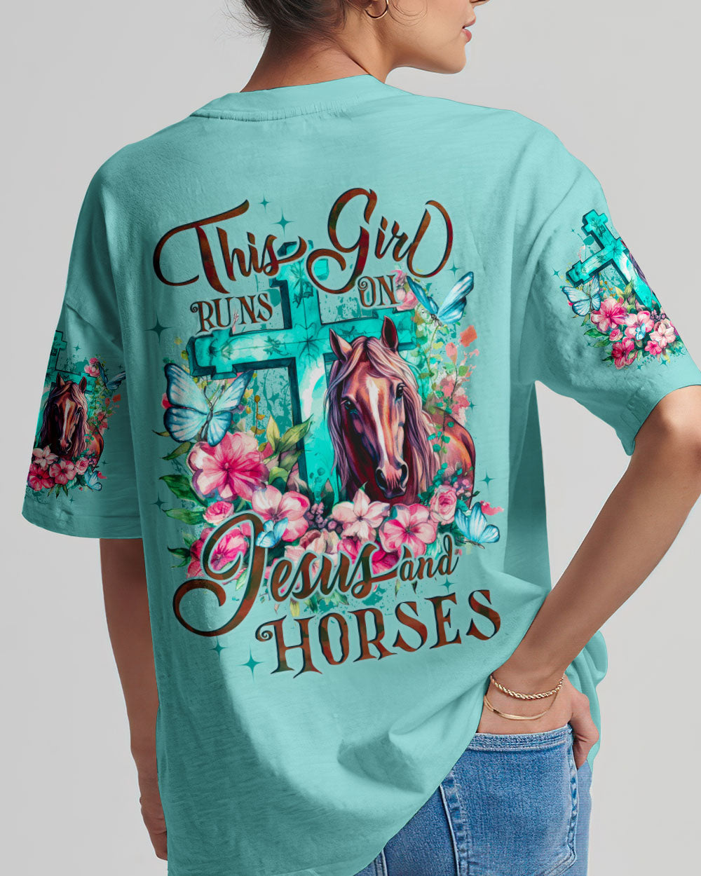 Runs On Jesus And Horses Women's All Over Print Tshirt