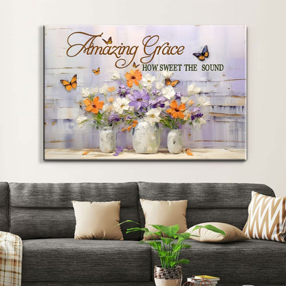 Amazing Grace How Sweet the Sound Wall Art, Butterflies Flowers, Christian Canvas Art