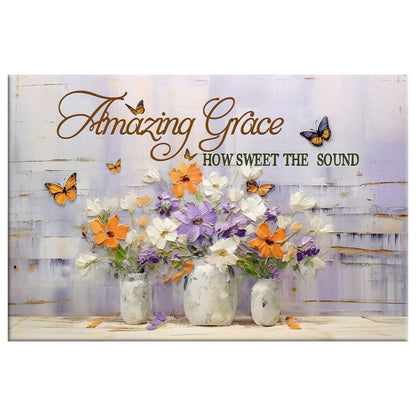 Amazing Grace How Sweet the Sound Wall Art, Butterflies Flowers, Christian Canvas Art