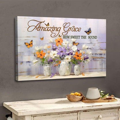 Amazing Grace How Sweet the Sound Wall Art, Butterflies Flowers, Christian Canvas Art