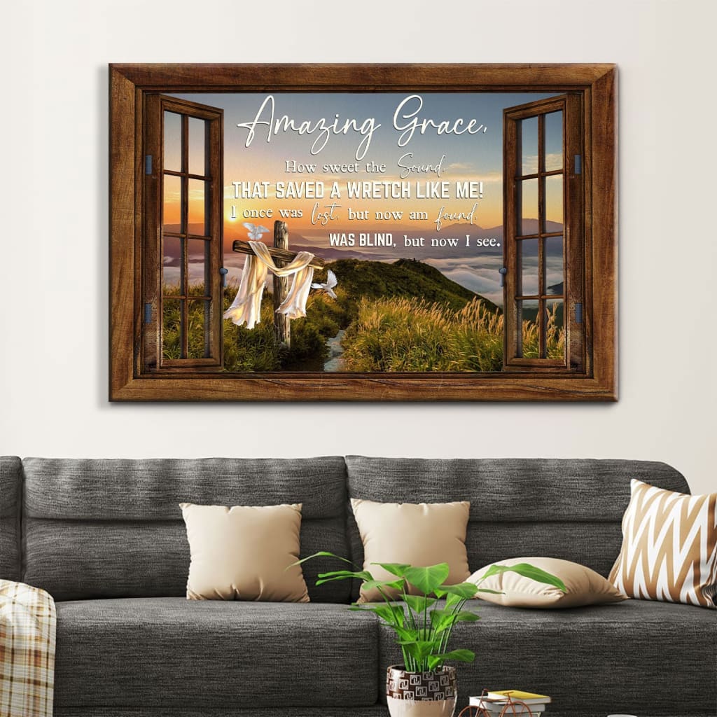 Christian Wall Art: Amazing Grace How Sweet The Sound Cross Mountain Canvas Print
