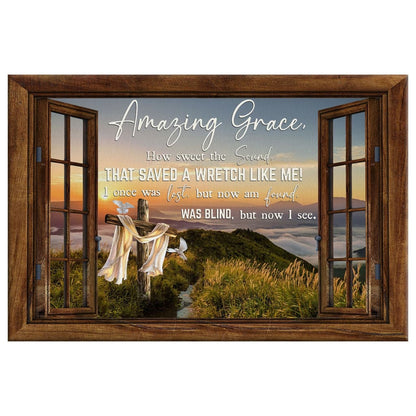Christian Wall Art: Amazing Grace How Sweet The Sound Cross Mountain Canvas Print