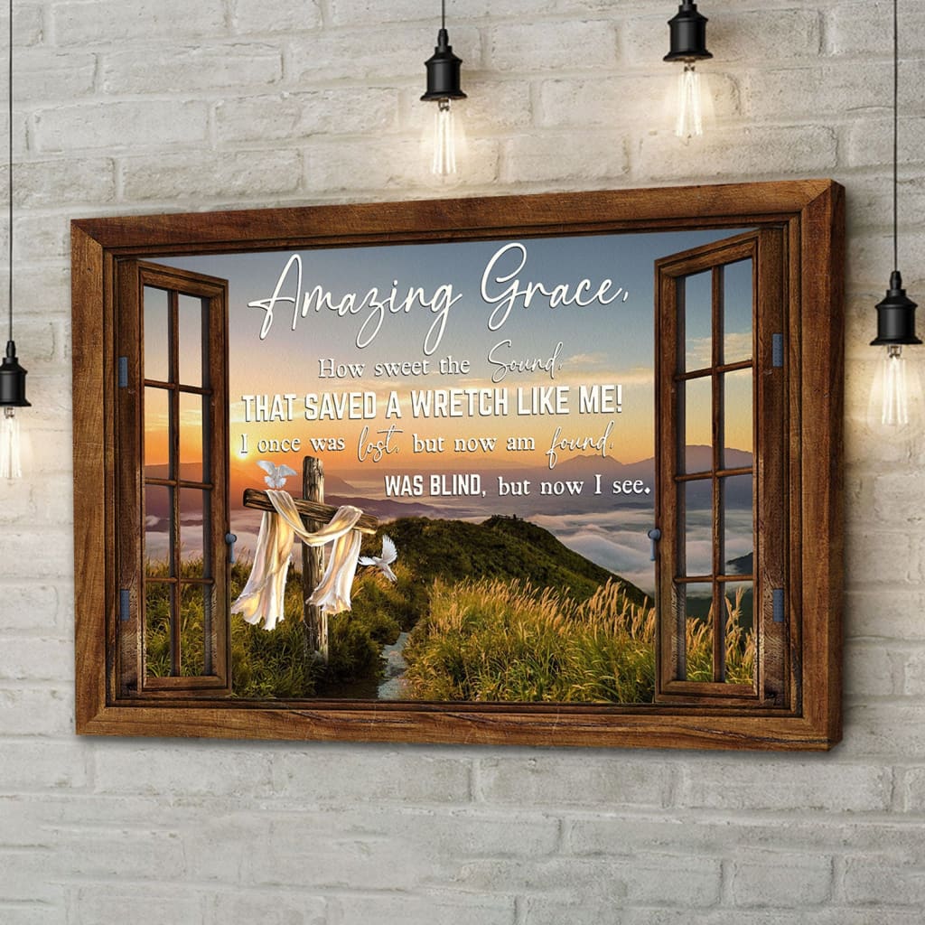 Christian Wall Art: Amazing Grace How Sweet The Sound Cross Mountain Canvas Print