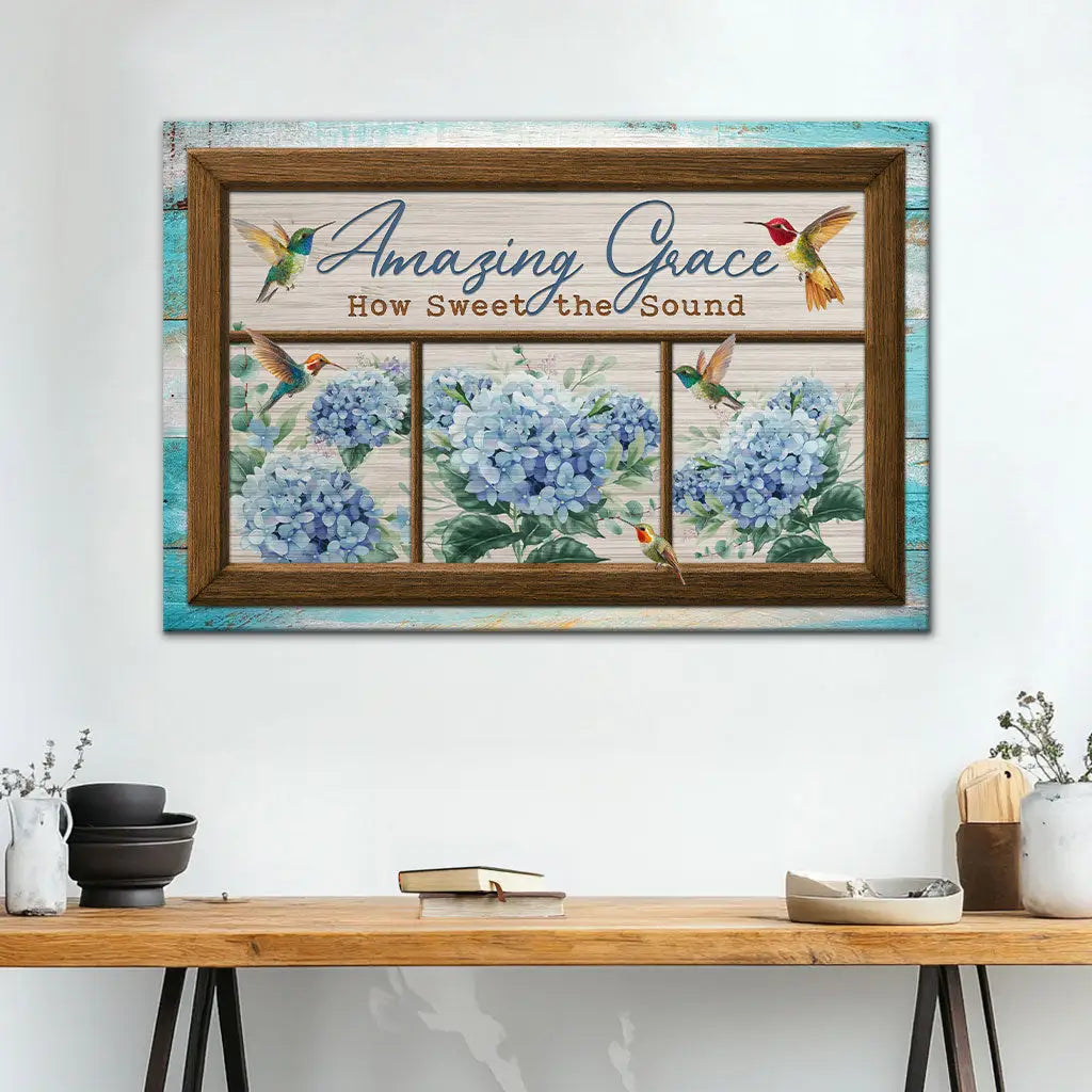 Amazing Grace How Sweet the Sound, Hummingbird and Hydrangea, Christian Wall Art Canvas