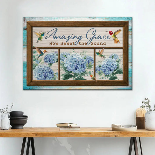 Amazing Grace How Sweet the Sound, Hummingbird and Hydrangea, Christian Wall Art Canvas