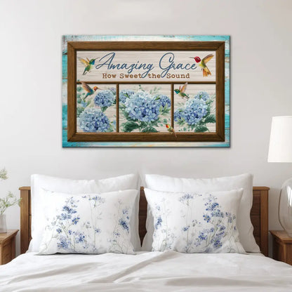 Amazing Grace How Sweet the Sound, Hummingbird and Hydrangea, Christian Wall Art Canvas