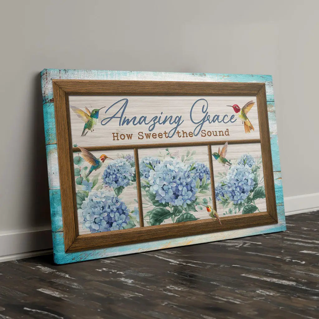 Amazing Grace How Sweet the Sound, Hummingbird and Hydrangea, Christian Wall Art Canvas